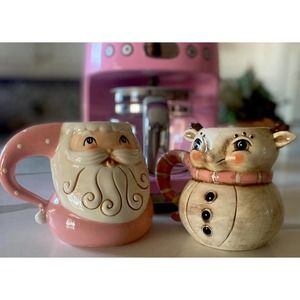 New in Box Johanna Parker Pink Santa & Snowman Christmas Large Mug Set "Vintage"